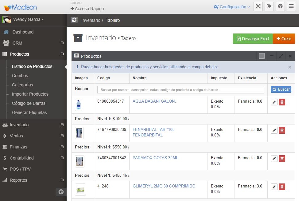 Listado de productos en Madison